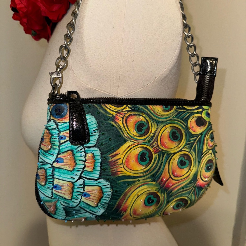 SHARIF Beautiful hand painted Leather and beads crossbody or wristlet No 2 alike